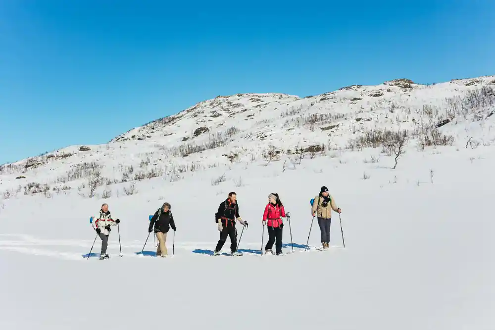Five walkers strung out across the snowfield