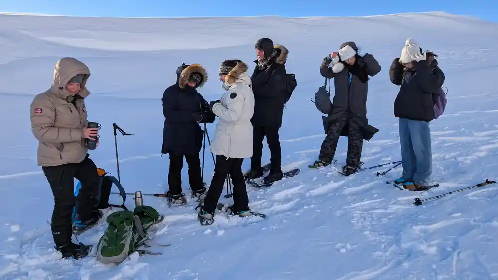 Four walkers standing together on the open snow