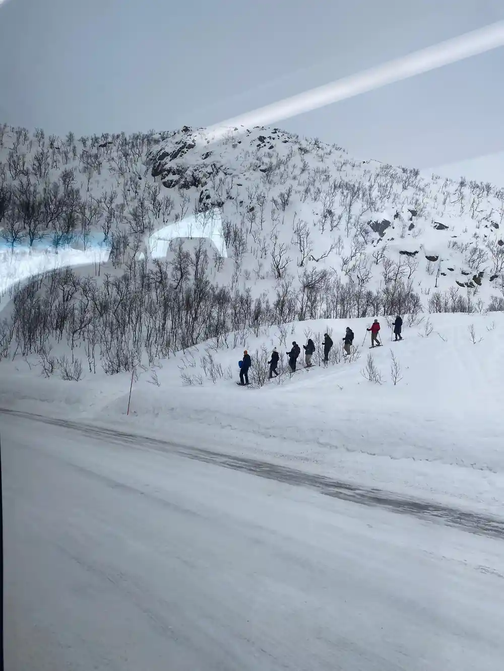 A long line of snowshoers across the white