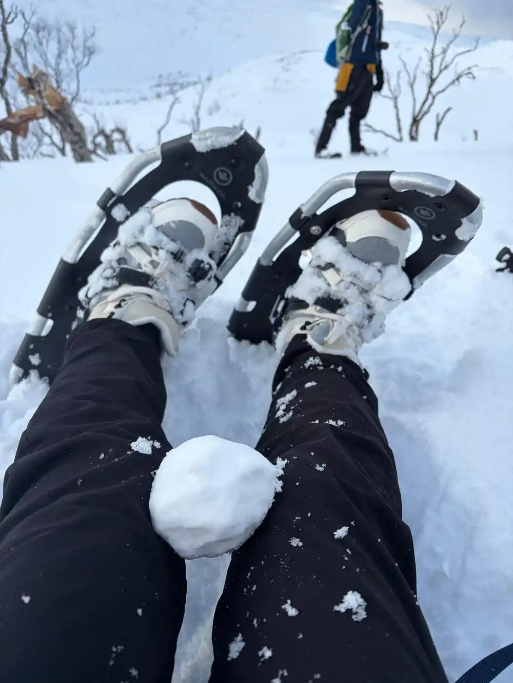 Looking down at a pair of snowshoes in the snow