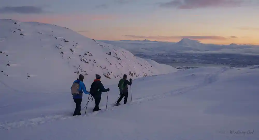 Three snowshoers on a ridge in the last light