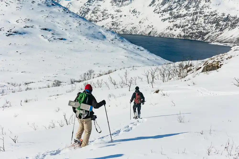 Two snowshoers on the slope above the fjord
